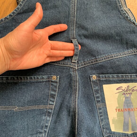 Vintage 90s Silver Jeans Flare Carpenter Denim Blue Overalls Size 5/31 - Picture 11 of 16